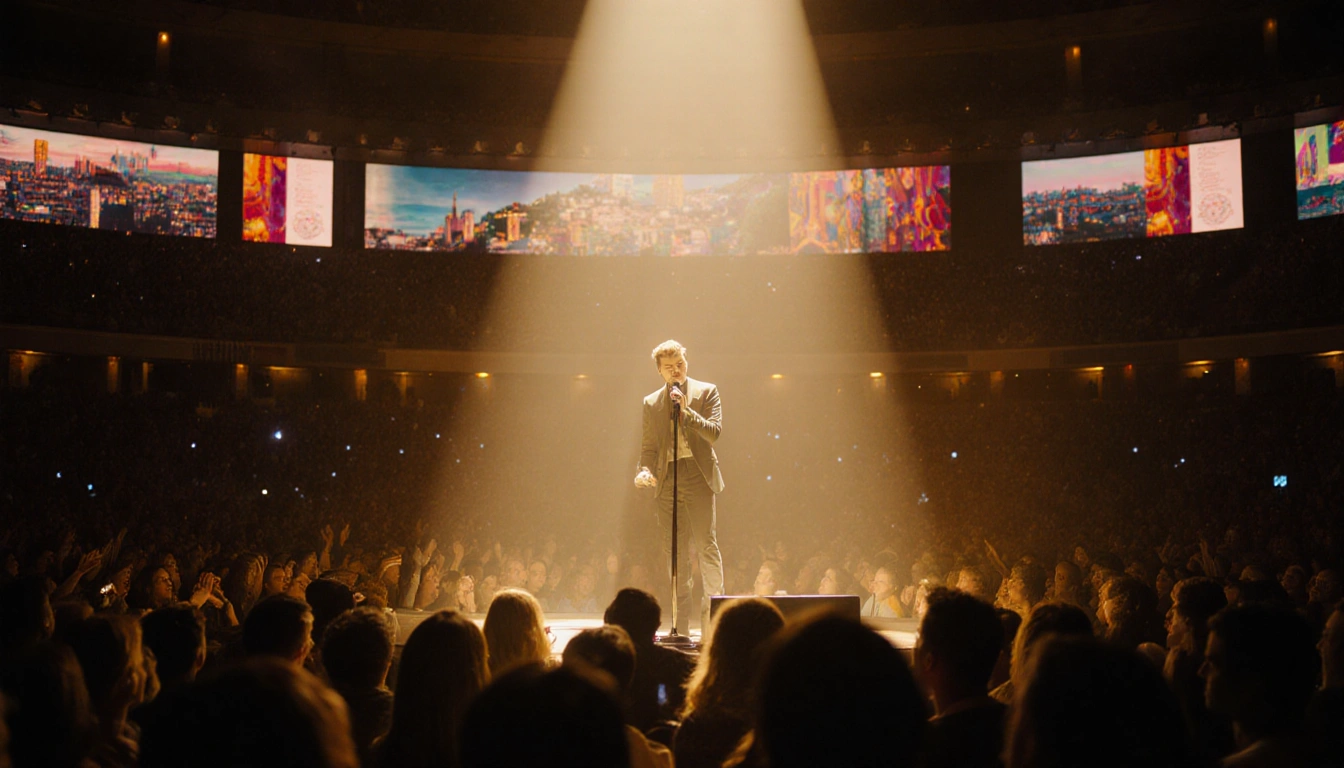 Harry Styles sings an emotional piano ballad with a spotlight shining on him and golden light illuminating the audience