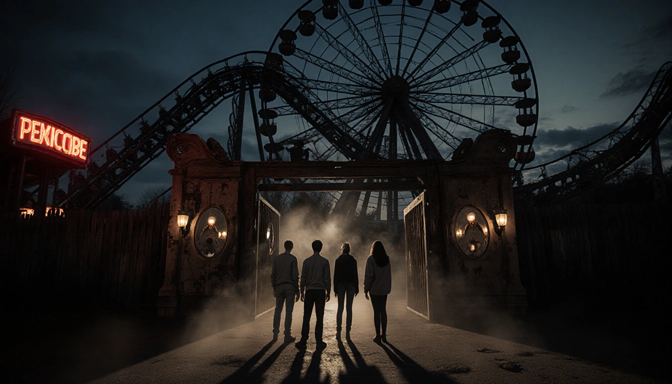 Teenagers nervously standing at the entrance with a rickety rollercoaster and twisted Ferris wheel