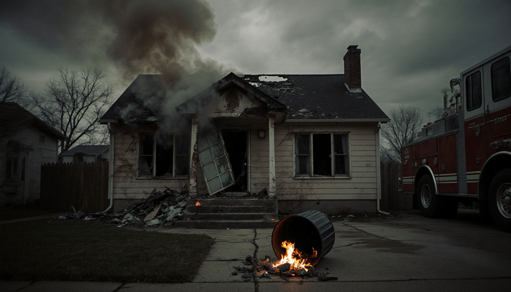 Fire engine standing with flames licking tires near a damaged residential home with smoke