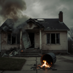 Fire engine standing with flames licking tires near a damaged residential home with smoke