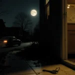 House silhouette dominates moonlit night sky with shattered window glow illuminating streets
