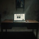 Wooden desk holding glowing laptop with newspaper article with crooked portrait of Brian Walshe and Ana in background.