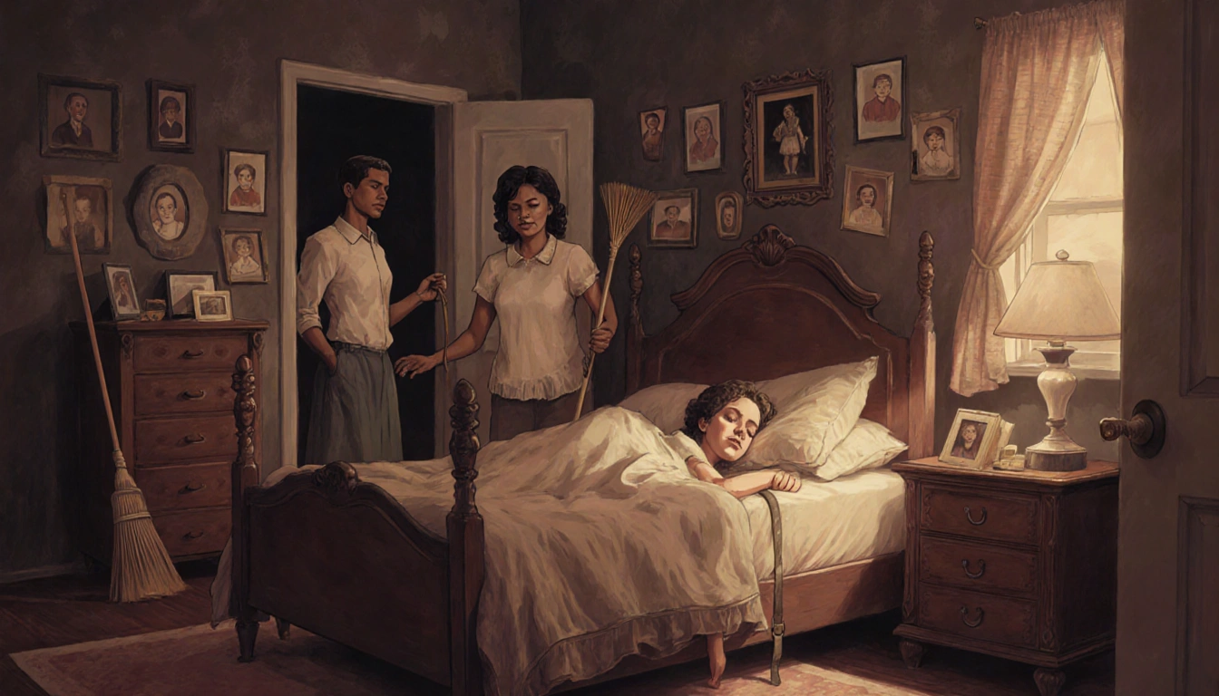 Teenager slumped on bed with haunting bedroom backdrop and mother holding a belt while father looms with a broom