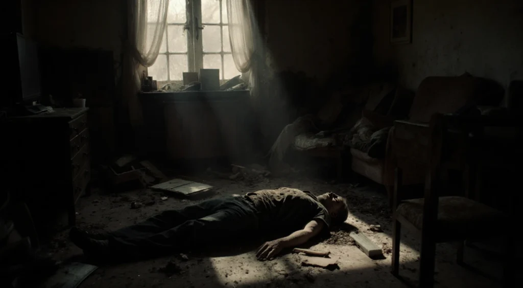 Decomposed body lies face-down with debris scattered and faint sunlight filtering through dusty windows subtle facial shadows