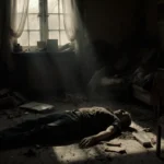 Decomposed body lies face-down with debris scattered and faint sunlight filtering through dusty windows subtle facial shadows