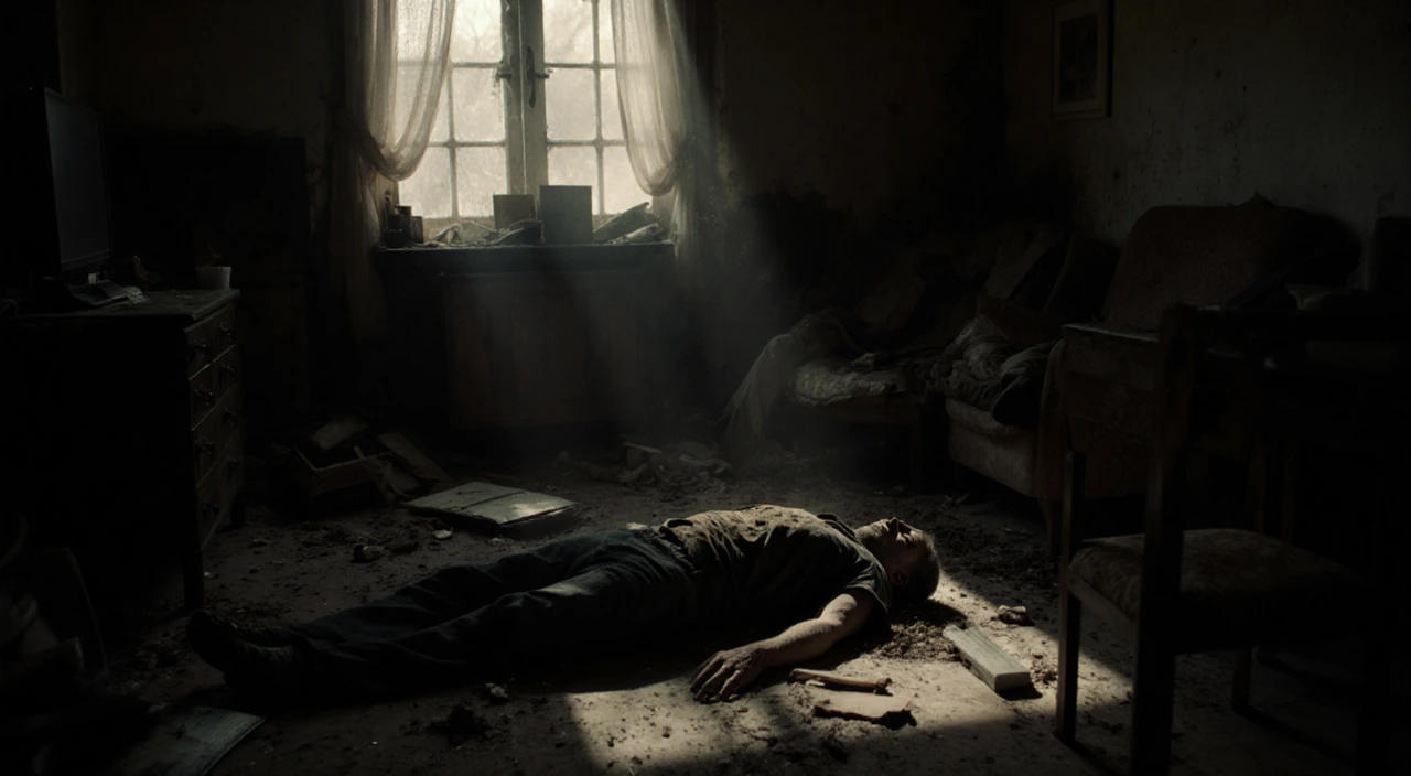 Decomposed body lies face-down with debris scattered and faint sunlight filtering through dusty windows subtle facial shadows