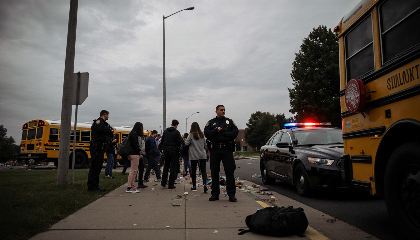Students escorted away from buses with police and an abandoned backpack on the sidewalk