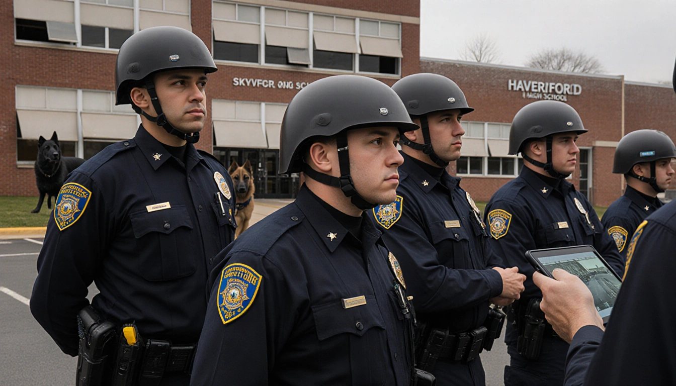 Police officers stand outside Haverford High with K‑9 units and a helicopter video on a tablet showing a school scene