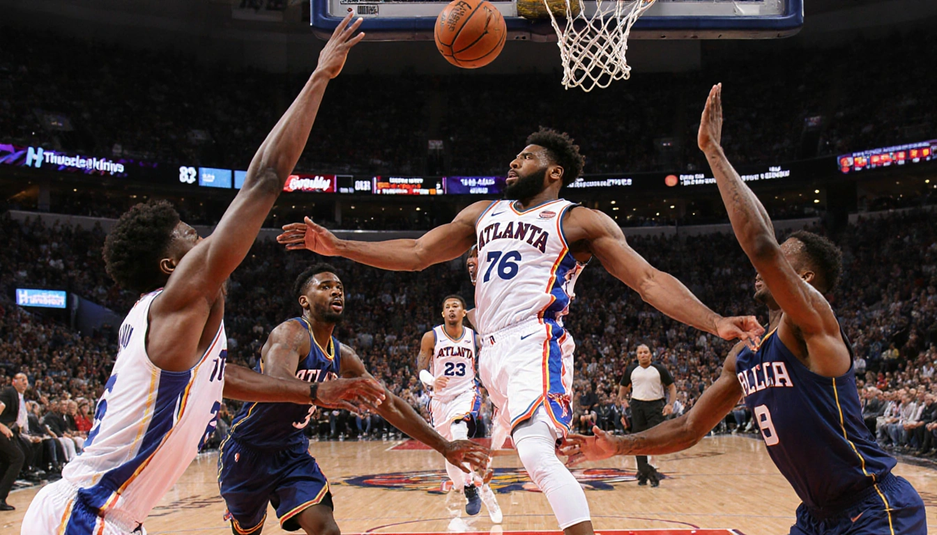 Joel Embiid is double-teamed by Dyson Daniels and Onyeka Okongwu with a V-shaped Hawks defense limiting his movement