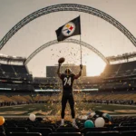 Pittsburgh Steelers player holds football with victory flag and confetti near Heinz Field arches at dusk.