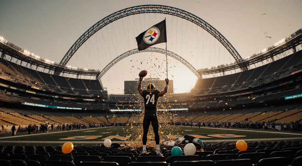 Pittsburgh Steelers player holds football with victory flag and confetti near Heinz Field arches at dusk.