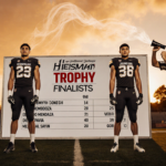 Heisman finalists stand together on football field at sunset with whiteboard of names and stats and referee whistle.