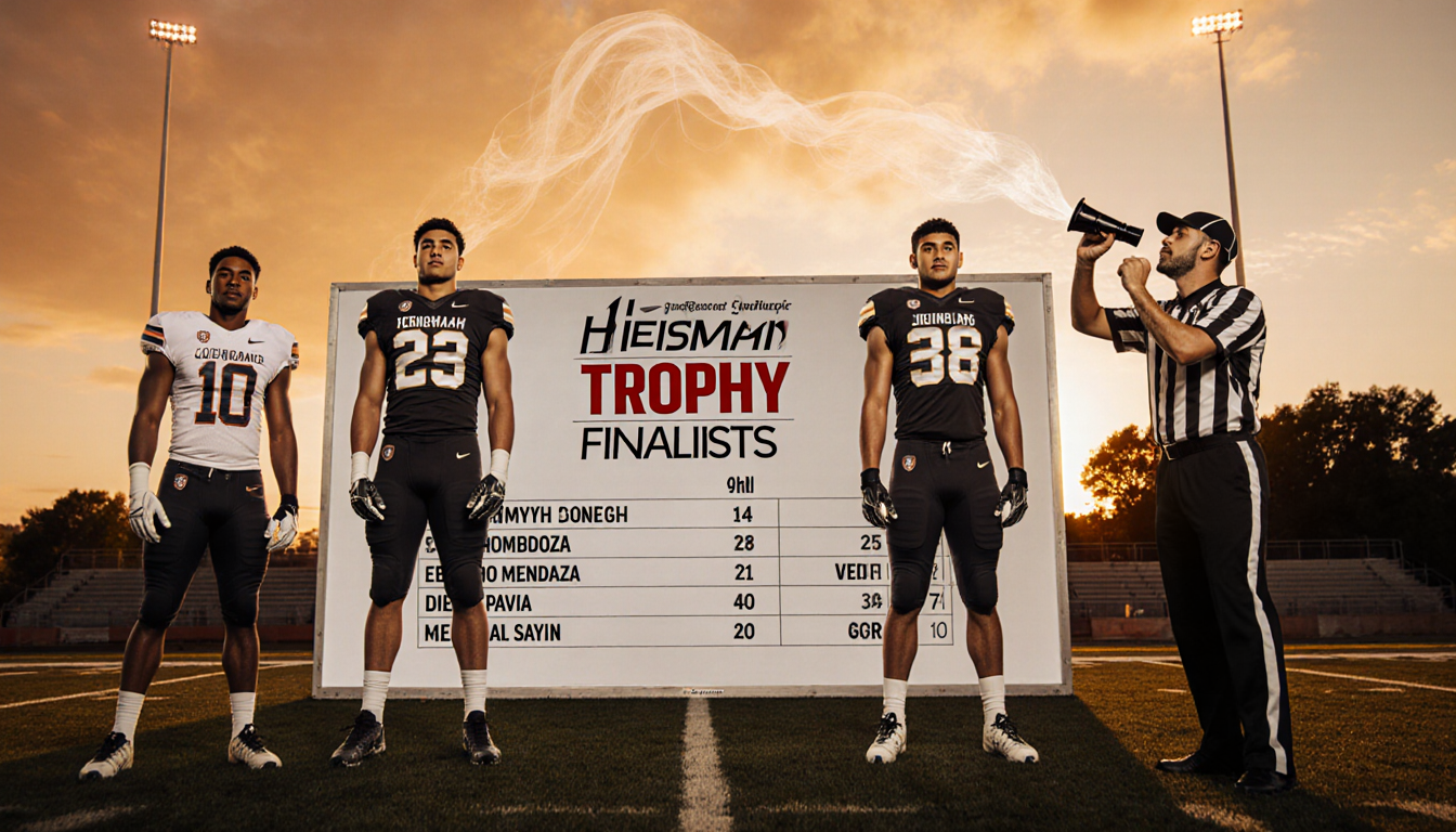 Heisman finalists stand together on football field at sunset with whiteboard of names and stats and referee whistle.