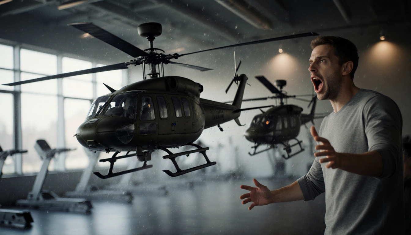 Helicopter collision spins out of control with a second helicopter before crashing into a shocked bystander near a blurred gy