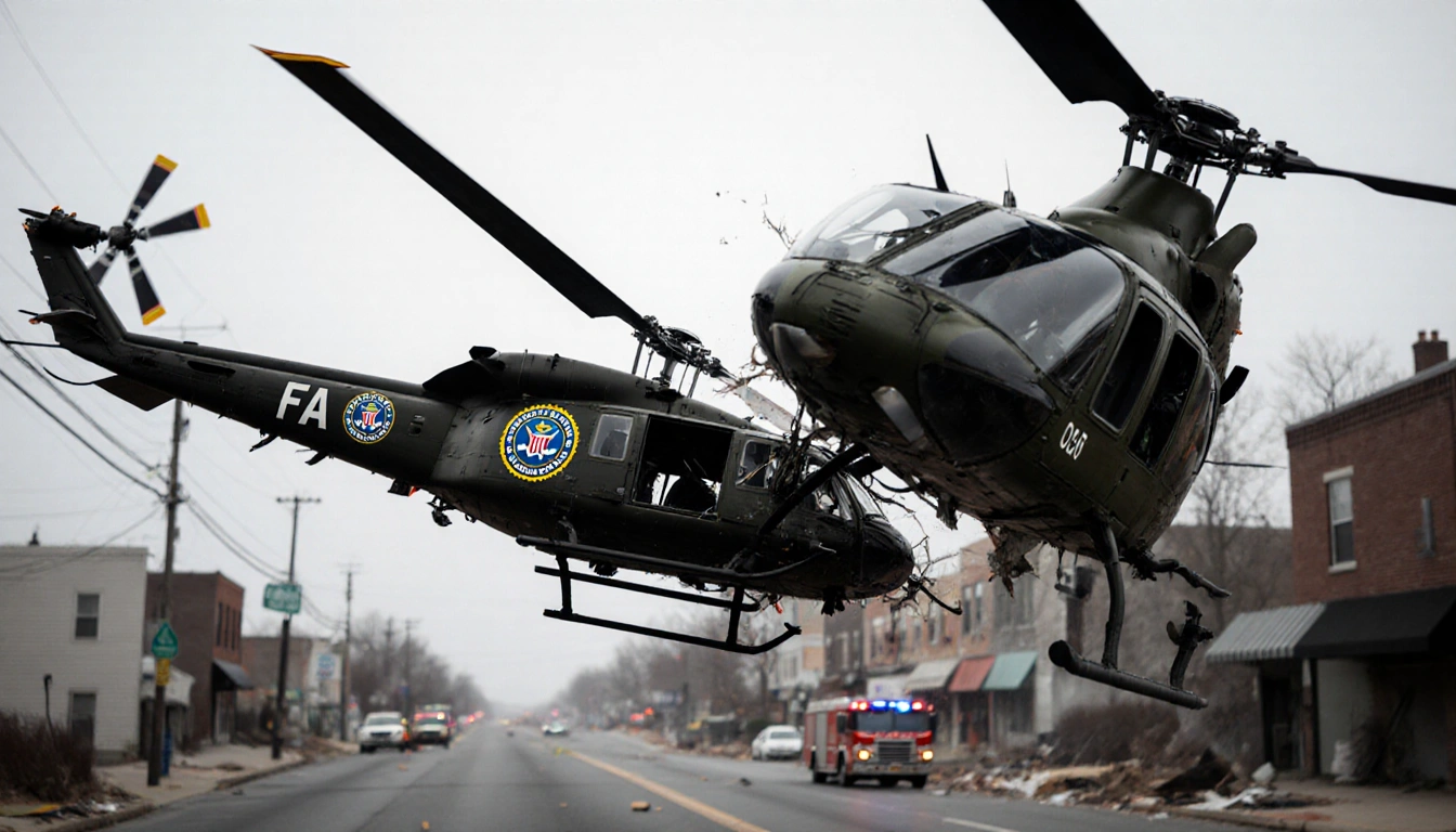 Two helicopters collide with FAA and NTSB logos amid twisted rotors and emergency gear.