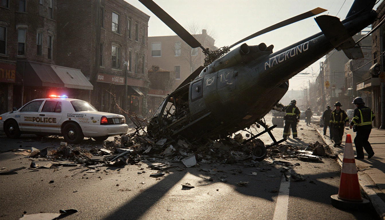 Two helicopters crash-landing with tangled rotors and wreckage on Basin Road as emergency responders rush to the scene