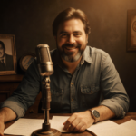 Jeff Garcia sitting at a worn wooden microphone stand with comedy notes and scripts scattered around him.