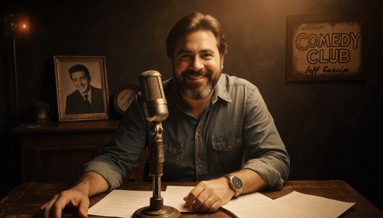 Jeff Garcia sitting at a worn wooden microphone stand with comedy notes and scripts scattered around him.