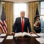 President Trump stands confidently behind a large wooden desk with scattered AI-themed documents and an open book highlightin