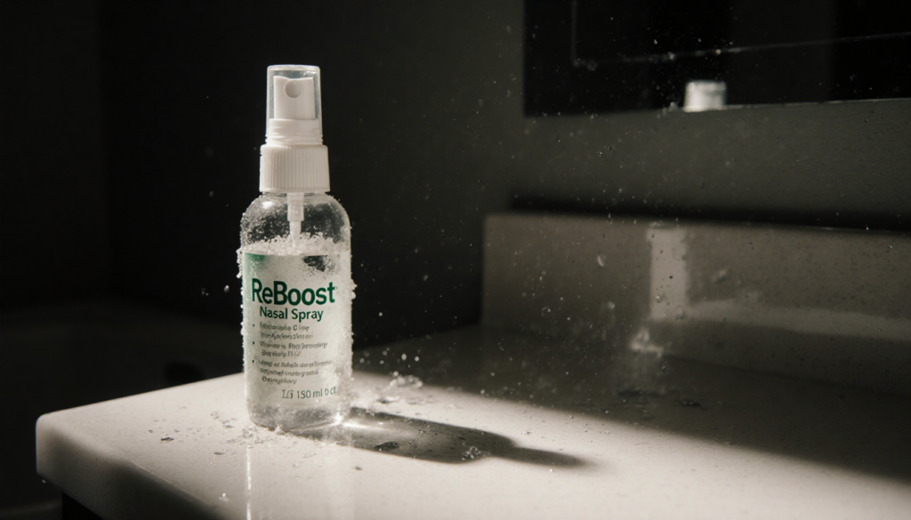 Bottle of ReBoost Nasal Spray sits abandoned on bathroom counter with murky residue visible inside and water droplets cling t