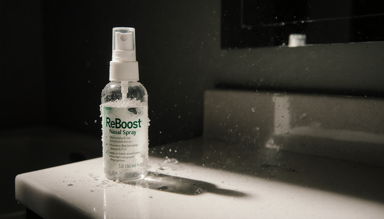 Bottle of ReBoost Nasal Spray sits abandoned on bathroom counter with murky residue visible inside and water droplets cling t
