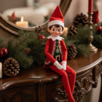 Small elf sits on edge of wooden shelf looking directly at viewer with mischievous grin near festive winter decorations.