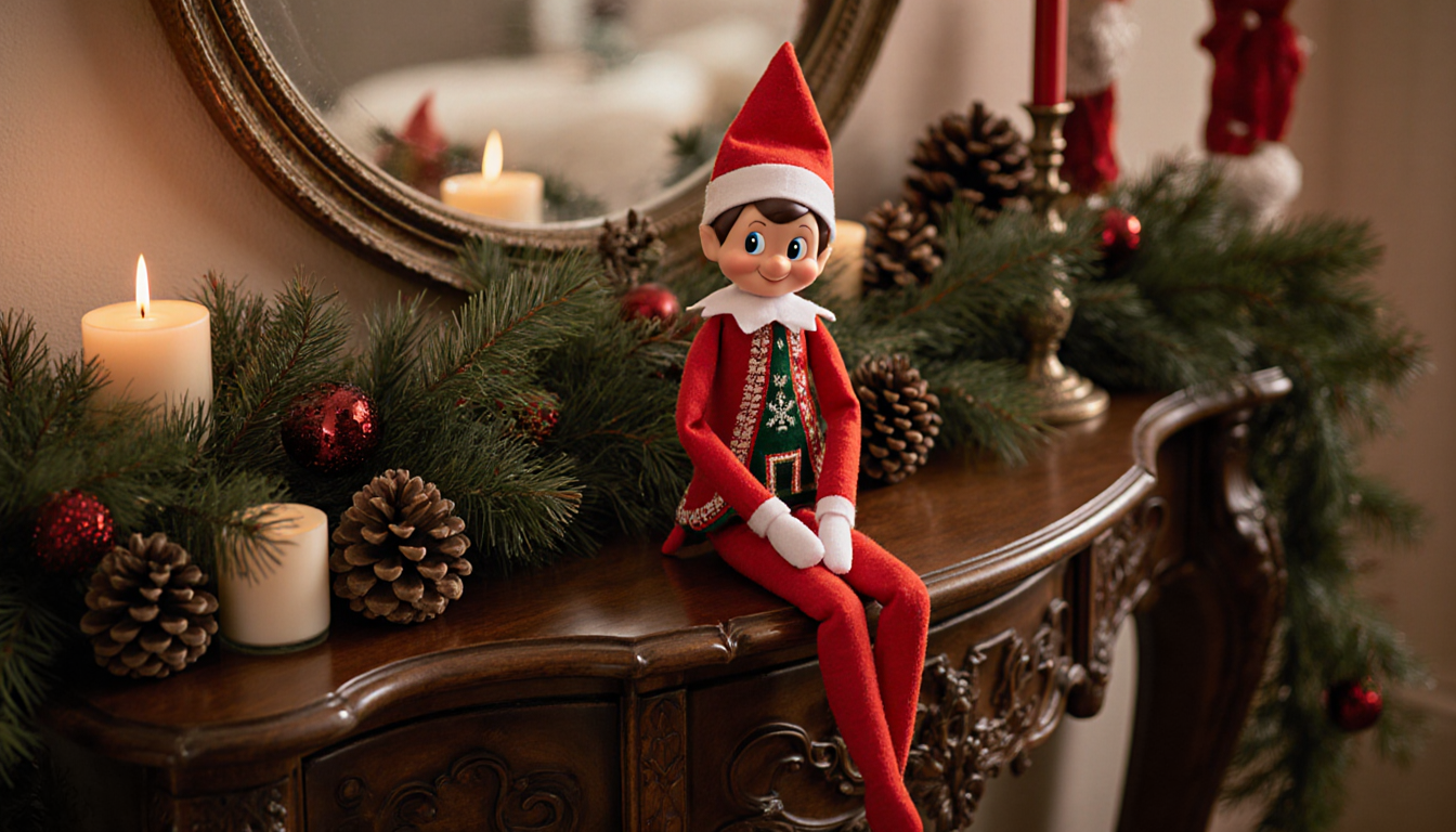 Small elf sits on edge of wooden shelf looking directly at viewer with mischievous grin near festive winter decorations.