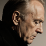 Peter Greene looks downward with lines etched on his face, showing character depth in warm gray background.