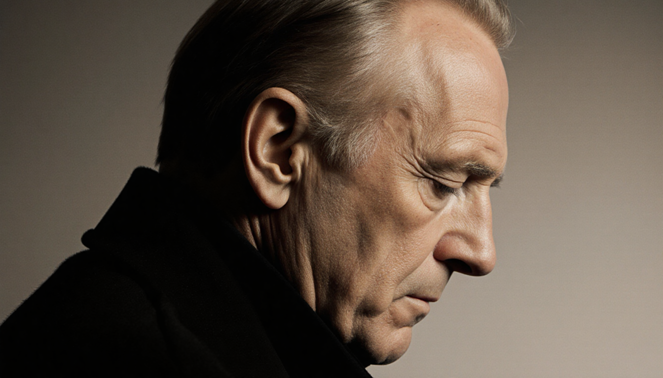 Peter Greene looks downward with lines etched on his face, showing character depth in warm gray background.