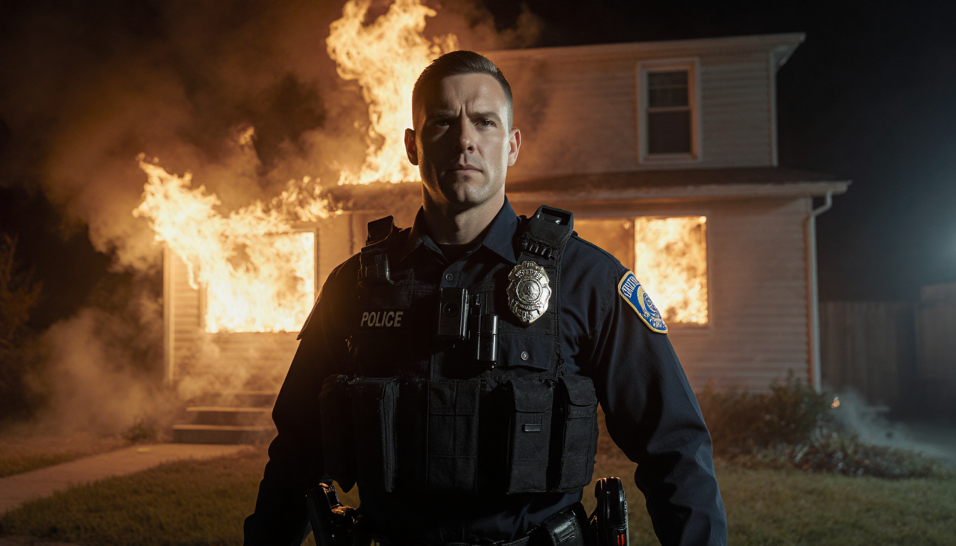 Police Officer Sean Peck stands heroically in front of a smoke-filled house with flames licking the windows.