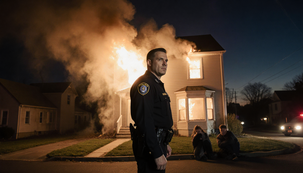 Police Officer Sean Peck standing heroically in front of smoke-filled Penndel house fire with flames licking windows and resi