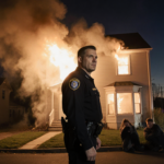 Police Officer Sean Peck standing heroically in front of smoke-filled Penndel house fire with flames licking windows and resi