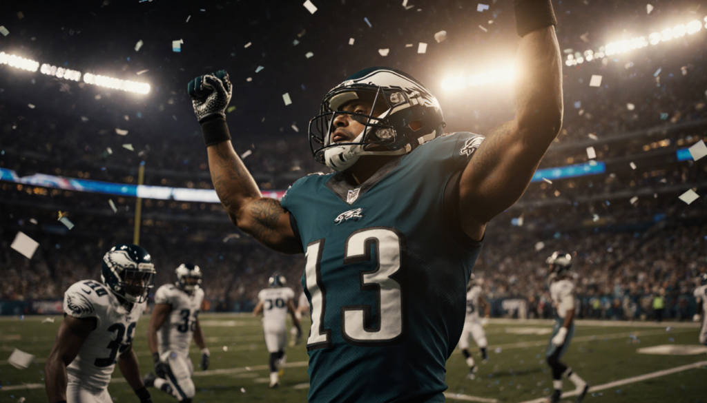 Triumphant football player celebrates victory with arms raised in a warm golden light.