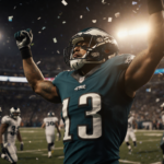 Triumphant football player celebrates victory with arms raised in a warm golden light.