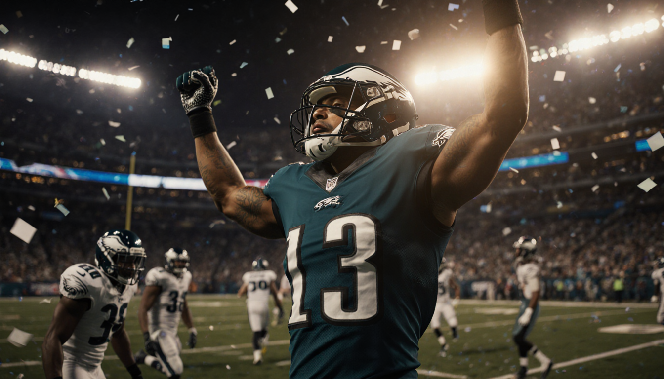 Triumphant football player celebrates victory with arms raised in a warm golden light.