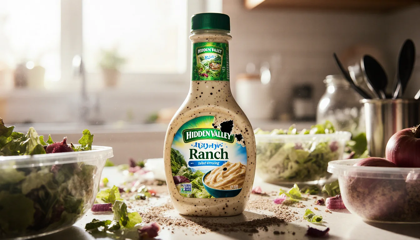 Hidden Valley salad dressing bottle shows torn label revealing black plastic shard in onion granules on kitchen counter with