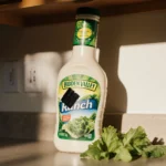 Hidden Valley Ranch bottle spills with lettuce and black plastic near kitchen counter.