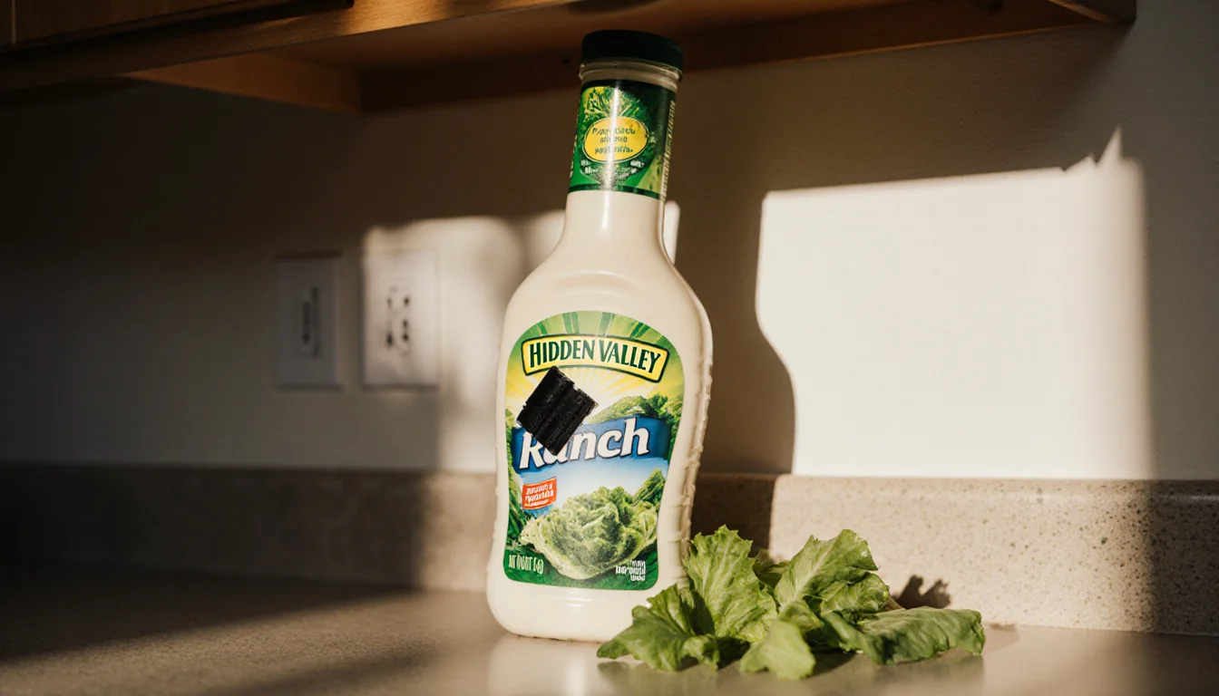 Hidden Valley Ranch bottle spills with lettuce and black plastic near kitchen counter.