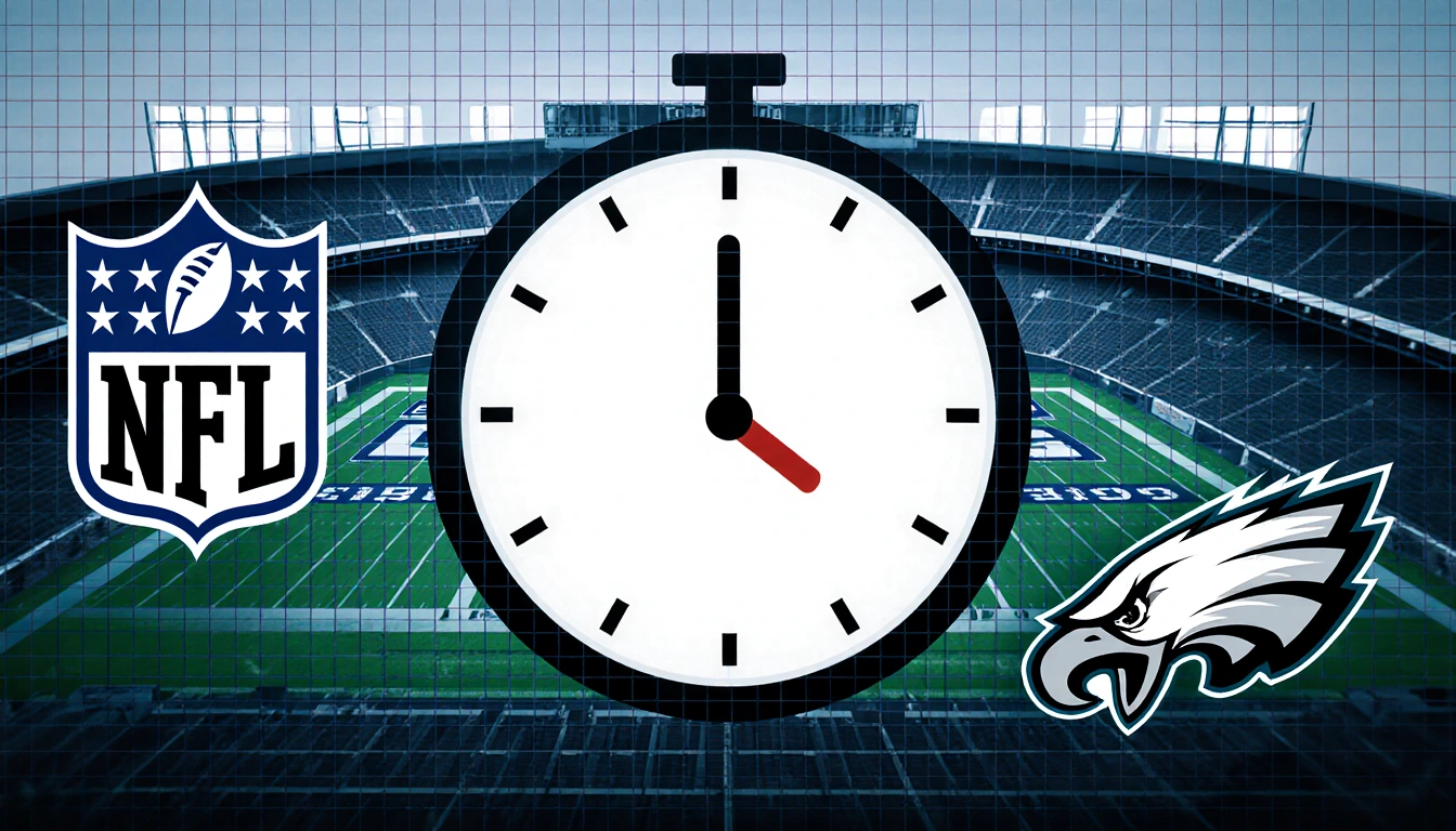 Stadium clock striking 4:25 p.m. with Highmark Stadium backdrop and Eagles and NFL logos on grid overlay