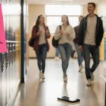 Students walking down hallway with bright pink No Cellphones sign and abandoned smartphone on bench