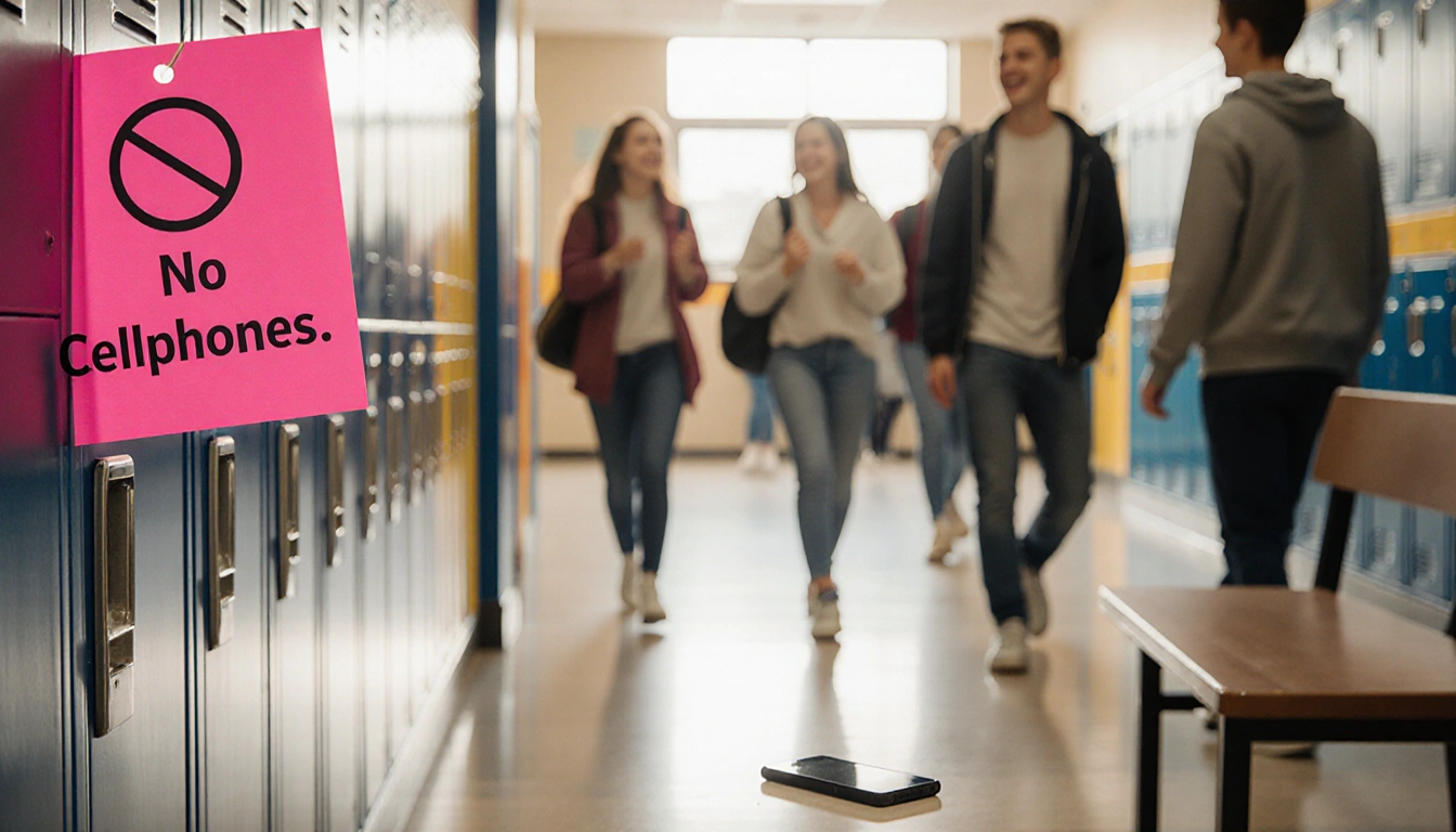 Students walking down hallway with bright pink No Cellphones sign and abandoned smartphone on bench