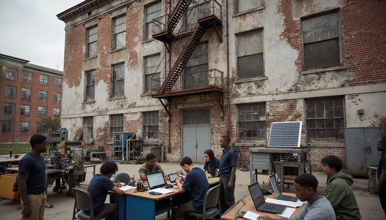 Students working at vocational station with tools and laptops near crumbling brick walls