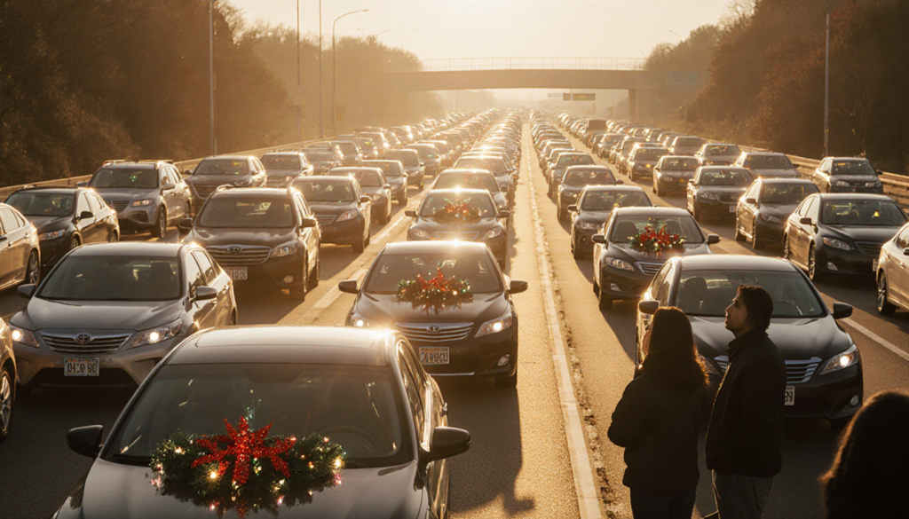 Travelers stand at highway edge looking up with many cars and holiday lights streaking toward golden sunset.