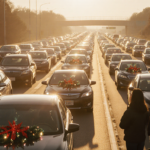 Travelers stand at highway edge looking up with many cars and holiday lights streaking toward golden sunset.