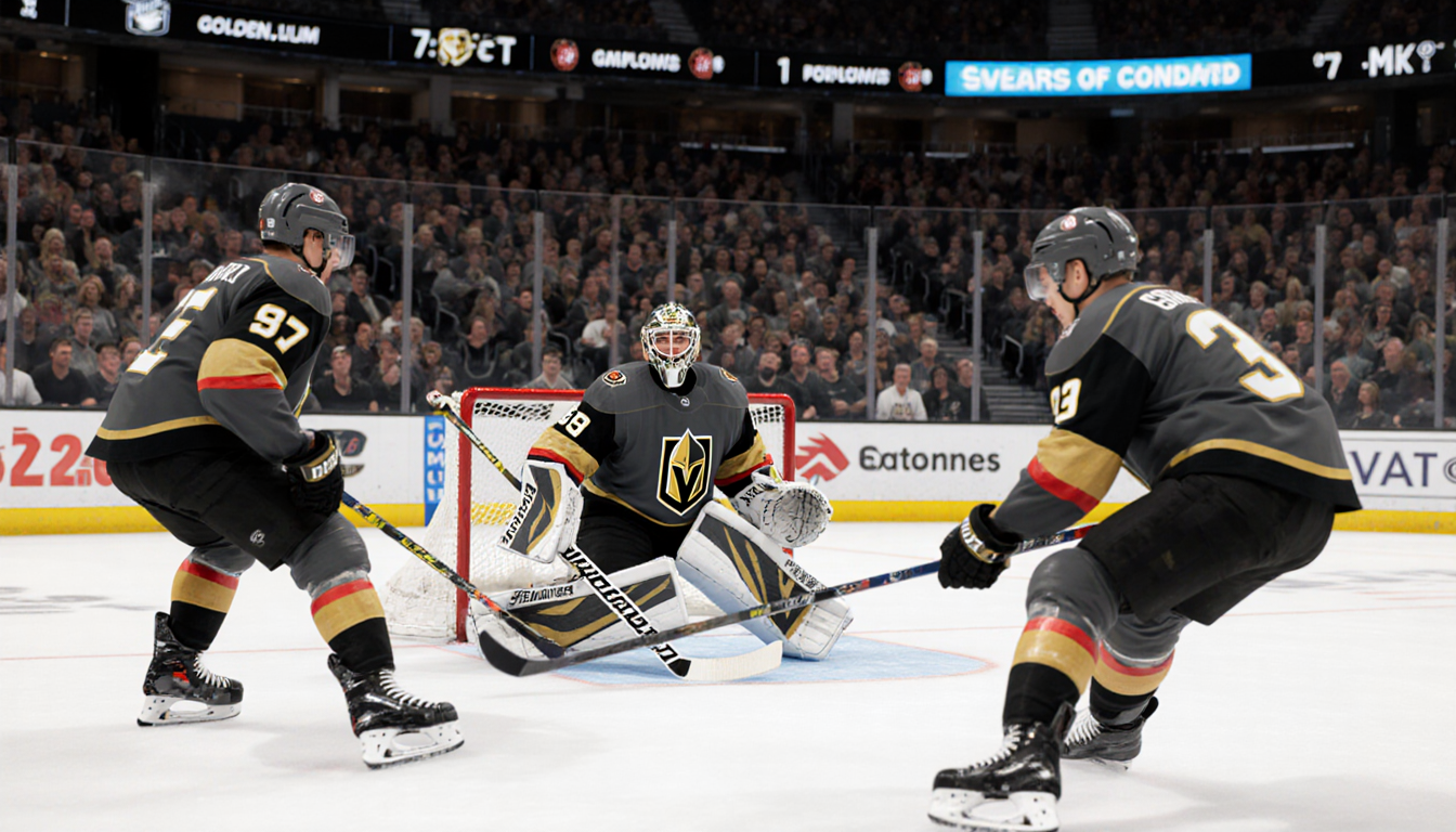 Jake Hart goalie stands behind net with Akira Schmid poised in the background and a 7 p.m. ET scoreboard during a hockey game
