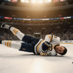 Tyson Foerster lying in pain on hockey ice with golden arena lights and the Xfinity Mobile Arena tunnel in background