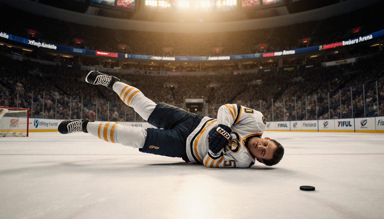 Tyson Foerster lying in pain on hockey ice with golden arena lights and the Xfinity Mobile Arena tunnel in background