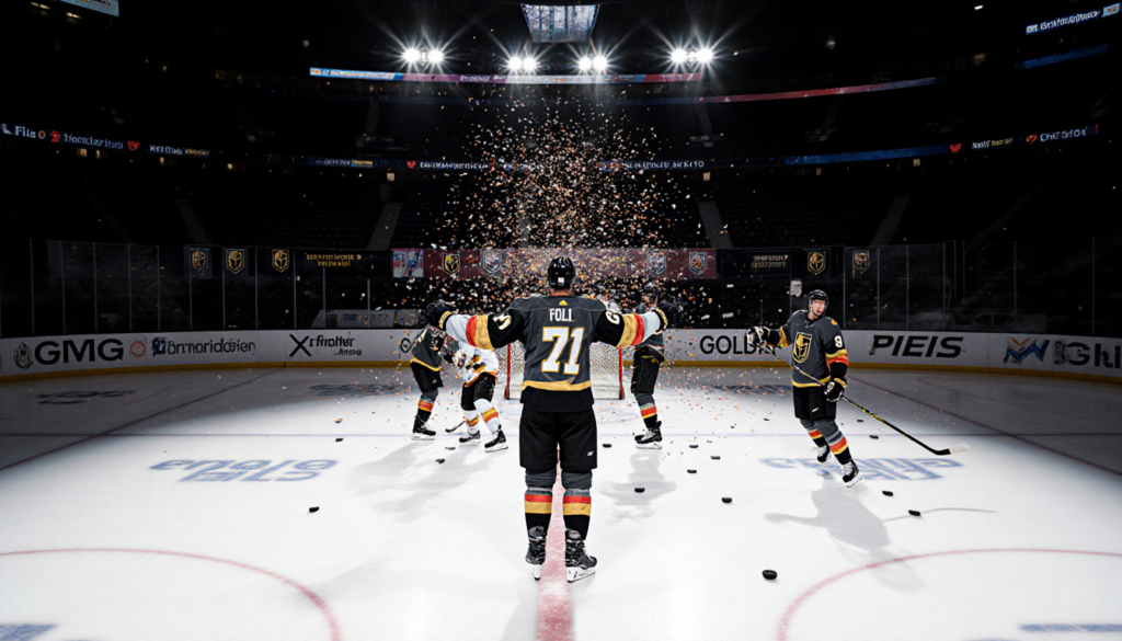 Flyers captain in hockey holds arms outstretched while goalie reaches for puck and confetti swirls behind and Golden Knights