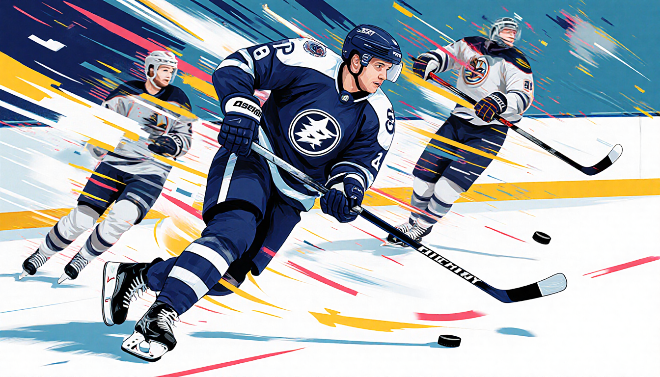 Hockey player Murchison skating toward goal with swirling sticks and bright pucks illustrating speed and intensity.