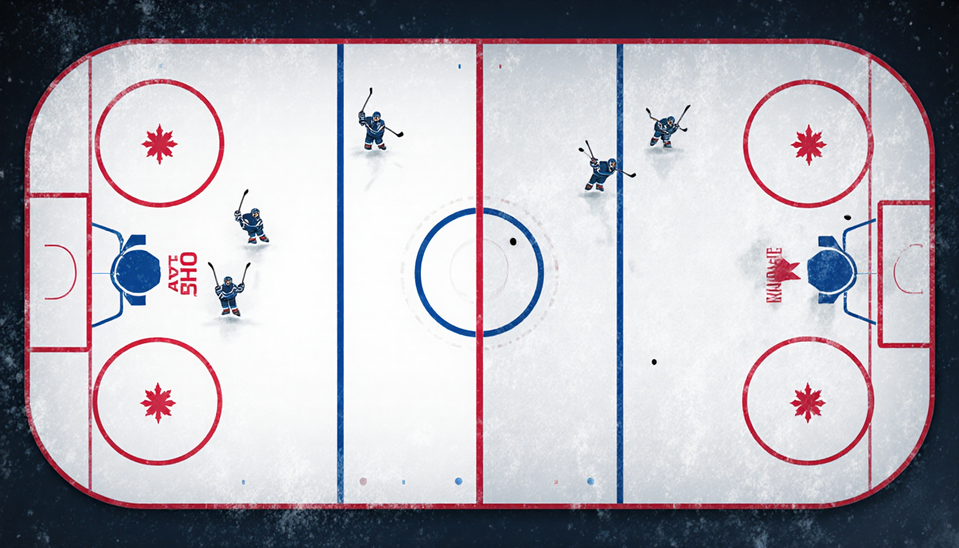 Two hockey rinks side‑by‑side compare international and NHL sizes with faint player outlines